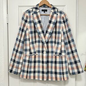 Talbots Women's Checkered Blazer - Navy, White, Peach